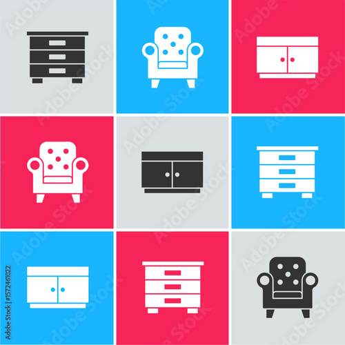Set Furniture nightstand, Armchair and Chest of drawers icon. Vector