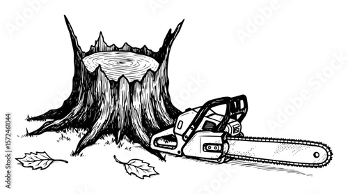 deforestation concept with tree stump and chainsaw sketch