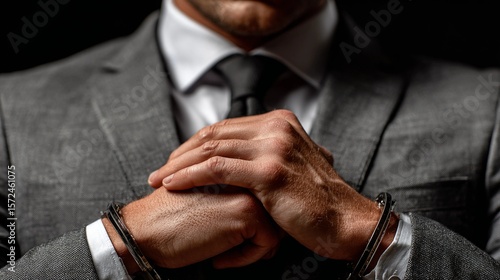 Man in suit with handcuffed hands, representing justice and legal consequences, corporate legal issues, white-collar crime, and financial misconduct.