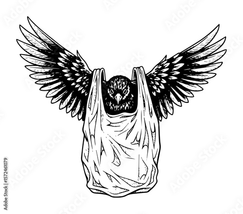 bird trapped in plastic bag pollution concept sketch
