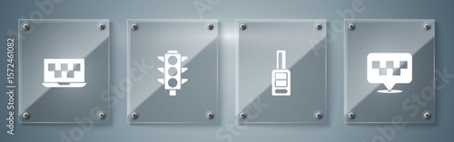 Set Location with taxi, Car key remote, Traffic light and Laptop call service. Square glass panels. Vector