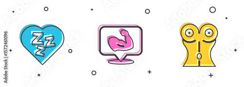 Set Sleepy, Bodybuilder muscle and Women waist icon. Vector