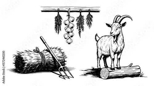 farm scene with goat on a log haystack and pitchfork rural life vector pattern shape