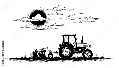 farm tractor with plow countryside landscape hand drawn vector
