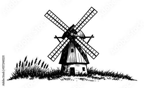 traditional windmill countryside landscape hand drawn vector