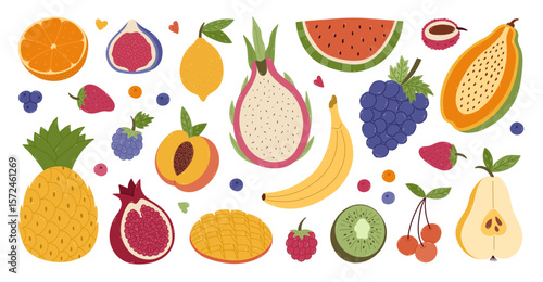 Big lovely cartoon set with summery tropical fruits and berries. Hand drawn clipart of exotic yummy watermelon, kiwi, orange, lemon, papaya for print, social media, packaging, restaurant menu, poster.