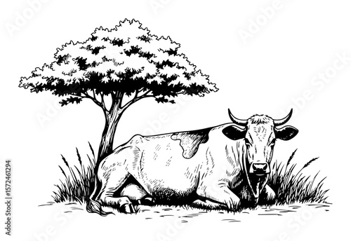 cow resting under tree pastoral scene hand drawn vector