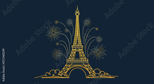 Fond vectoriel de la Fête nationale dans un style doodle ludique, avec des feux d’artifice et une tour sur un fond bleu marine foncé