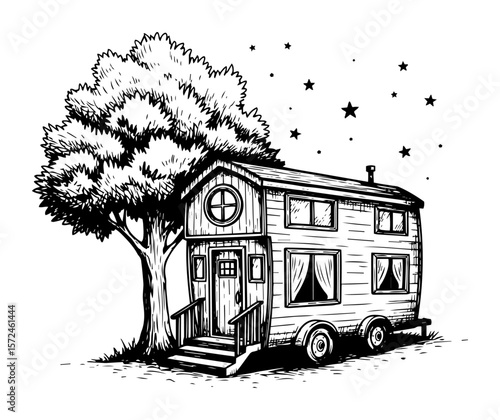 tiny house on wheels under tree hand drawn vector