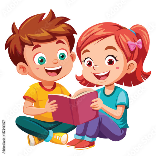 Cartoon illustration of a smiling boy and girl with a heart, symbolizing childhood love and friendship