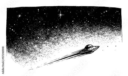 flying saucer ufo soaring through the starry night sky vintage vector illustration