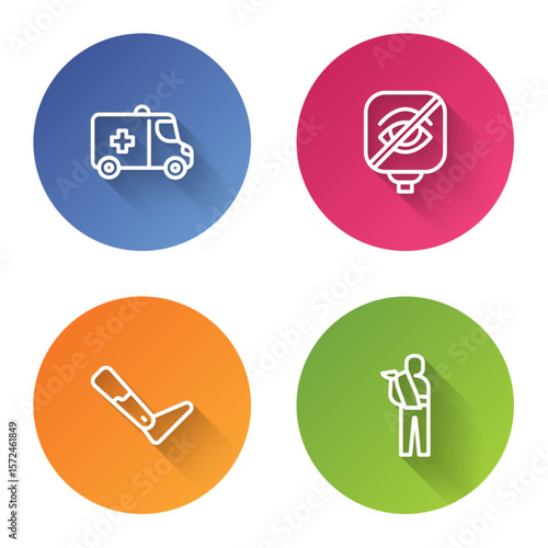 Set line Emergency car, Blindness, Prosthesis leg and Human broken arm. Color circle button. Vector