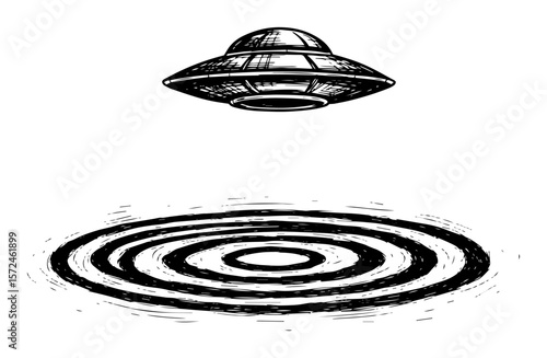 ufo flying saucer hovering over a mysterious crop circle drawing vector illustration