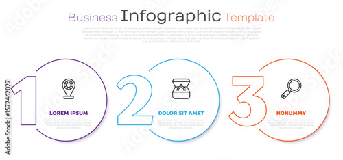 Set line Jewelry store, Diamond engagement ring in box and Magnifying glass. Business infographic template. Vector