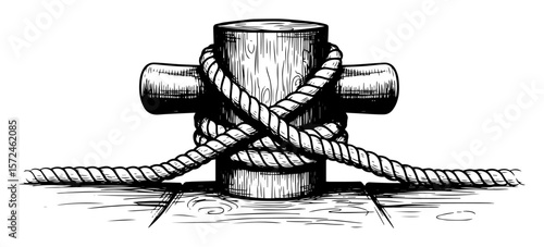 nautical rope tied around a mooring bollard on a wooden pier sketch vector pattern shape