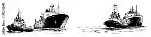tugboats assisting a large cargo ship in the harbor maritime transport sketch vector pattern shape