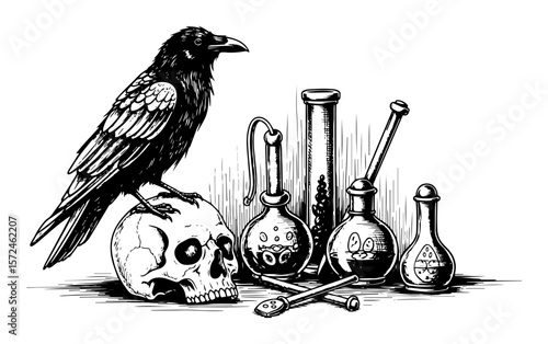gothic raven on human skull with vintage alchemy laboratory bottles hand drawn vector illustration