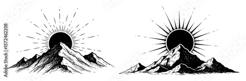 majestic mountain peak with radiant rising sun burst hand drawn vector illustration