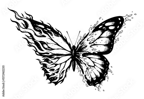 fiery splatter butterfly silhouette with burning wings artistic hand drawn vector illustration