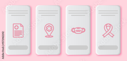 Set line Patient record, Location hospital, Medical protective mask and Awareness ribbon. White rectangle button. Vector