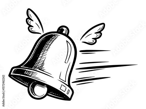 flying notification bell with wings sketch