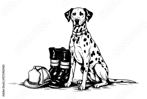 dalmatian firehouse dog sitting beside firefighter boots and helmet hand drawn vector