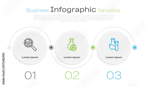 Set line Microorganisms under magnifier, Test tube with toxic liquid and . Business infographic template. Vector