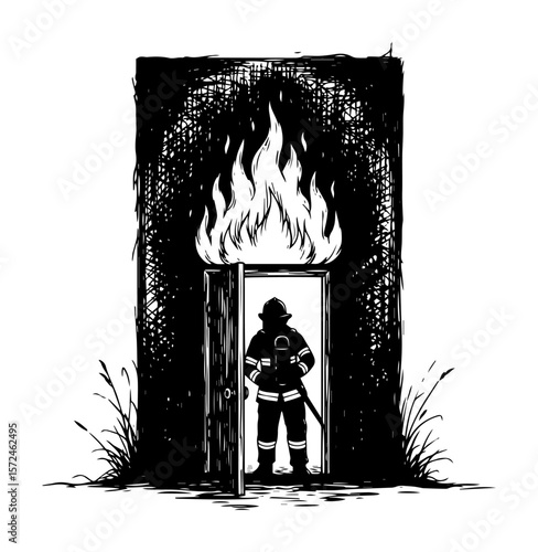 brave firefighter entering burning doorway with flames hand drawn sketch vector