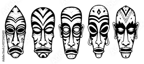 traditional african tribal mask faces detailed cultural collection hand drawn vector illustration