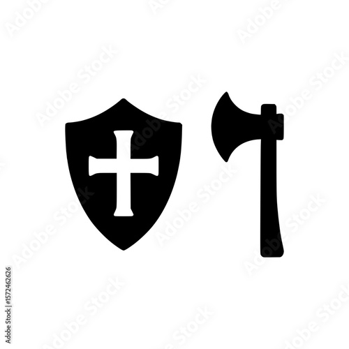 Black silhouette of a shield with a cross and an axe