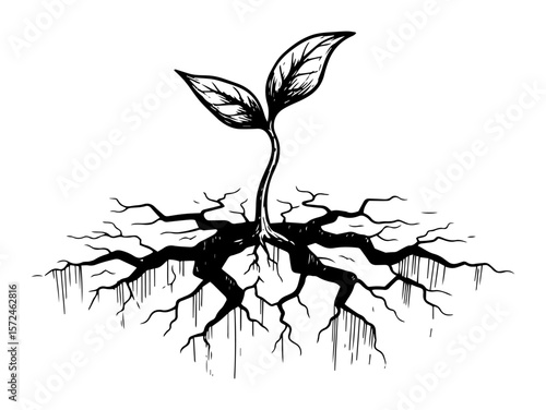 young plant sprout with roots breaking cracked soil symbol of resilience hand drawn vector illustration