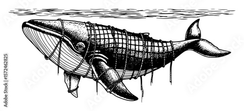 large whale entangled in fishing net highlighting ocean pollution hand drawn vector illustration