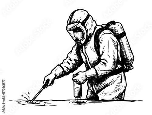 hazmat worker in protective suit decontaminating toxic spill hand drawn vector illustration