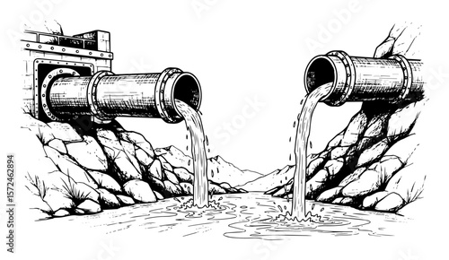 industrial sewage pipes discharging polluted water into river hand drawn environmental vector illustration