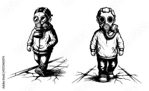 child in gas mask post apocalyptic pollution sketch