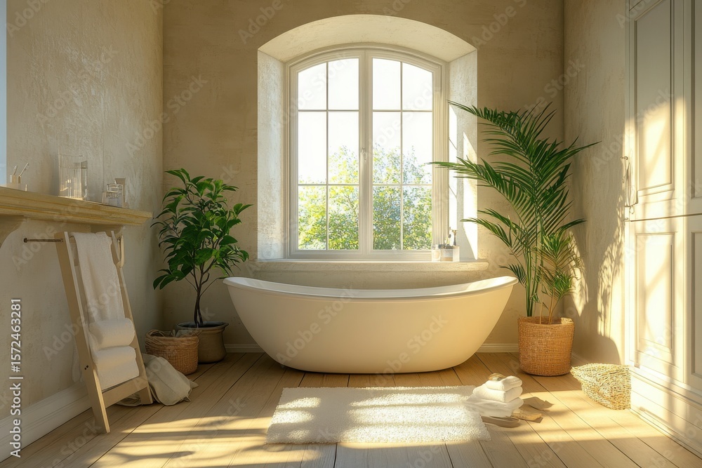A bathroom with a large white bathtub and a window with a plant in it. The room is clean and well-lit, giving it a calm and relaxing atmosphere. A bathroom with a large white bathtub and a window with a plant in it. The room is clean and well-lit, giving it a calm and relaxing atmosphere.