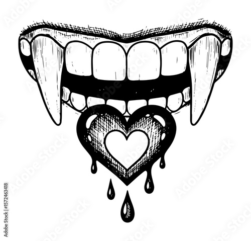 vampire fangs biting a bleeding heart love and horror tattoo concept vector pattern shape