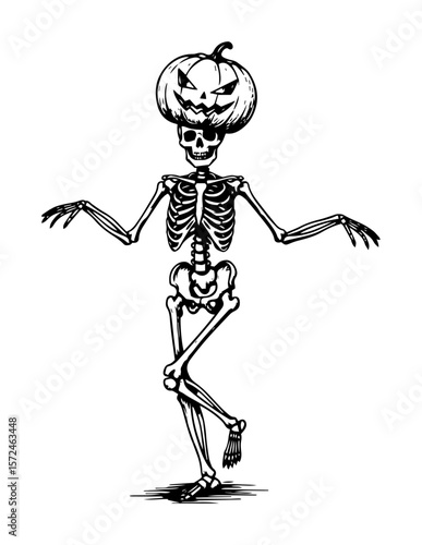 dancing skeleton with pumpkin head funny halloween jack o lantern drawing