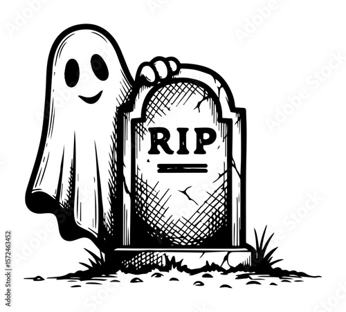 friendly ghost peeking behind rip tombstone cute graveyard halloween scene