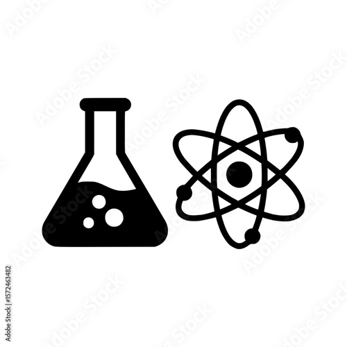 Chemistry and physics symbols beaker and atomic model icons