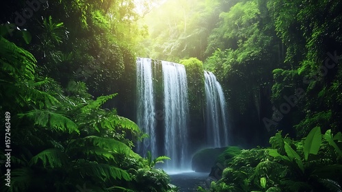 Crystal waterfall flowing through tropical rainforest scenery untouched nature high resolution picture
