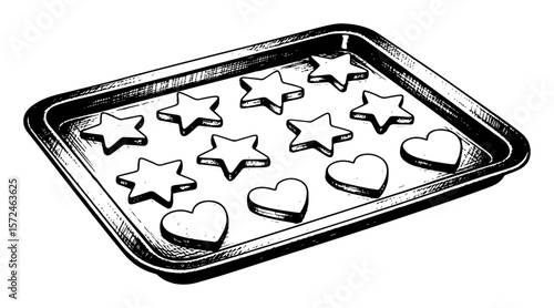 baking tray with homemade heart and star cookies sketch vector illustration