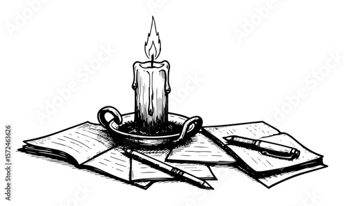 vintage writing scene with candle open book and pen sketch vector illustration
