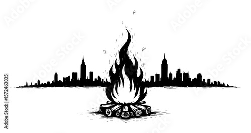 bonfire flames merging into urban city skyline metaphorical contrast illustration