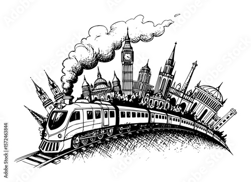 train journey around the world with famous landmarks travel concept vector pattern shape
