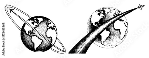 planet earth with orbital trajectory arrow symbolizing global travel and connection illustration