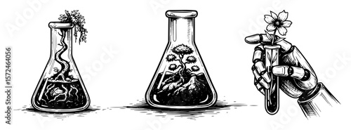 botanical alchemy laboratory flasks with herbs and fungi experimental science illustration