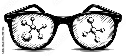 scientific eyeglasses with molecular structures reflected in lenses chemistry vision illustration
