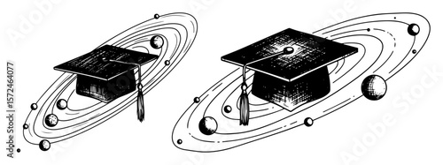 graduation mortarboard hats orbiting planets concept of cosmic education illustration