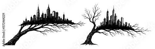 surreal cityscape growing from tree branches urban nature concept vector pattern shape